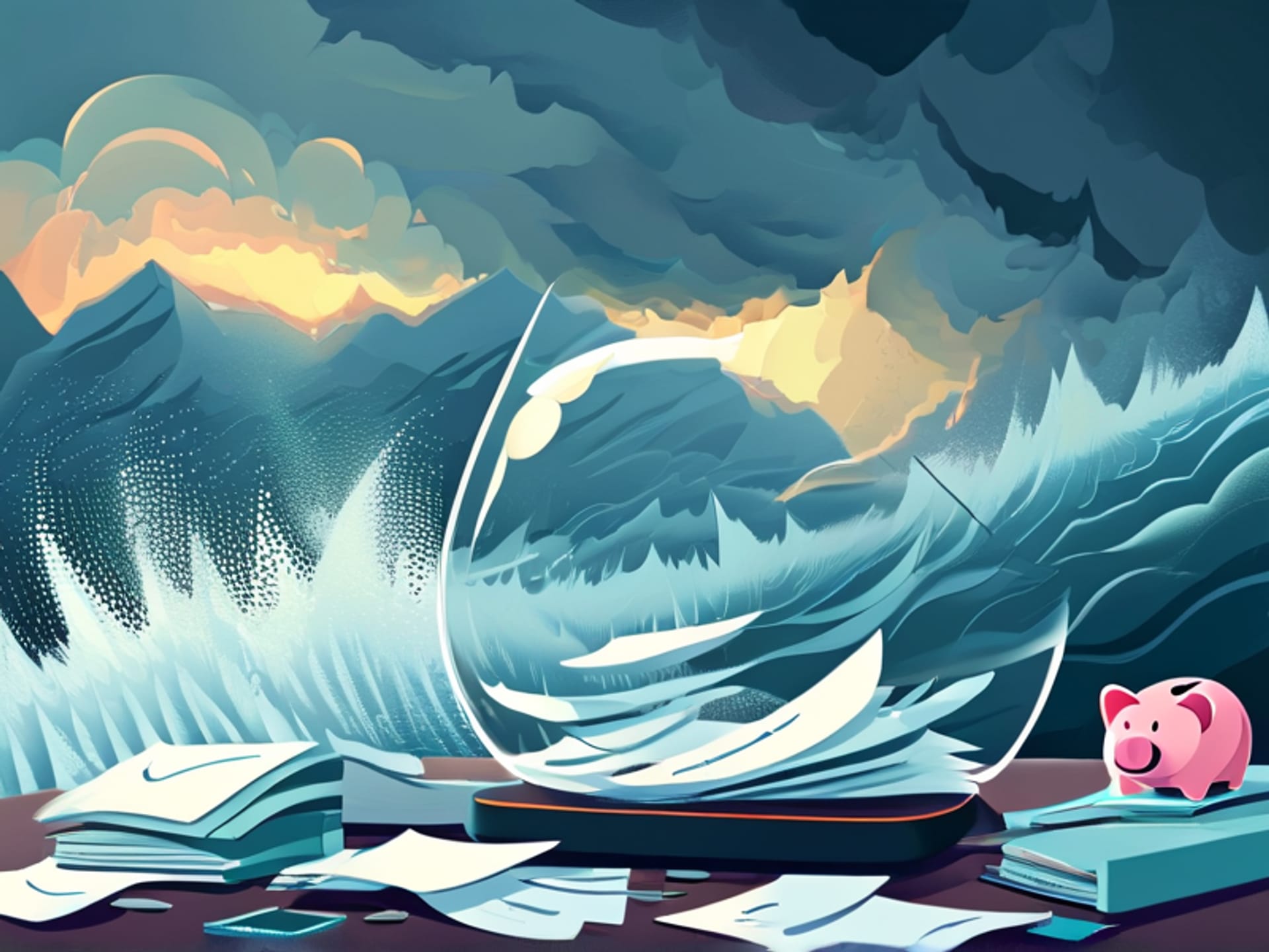 Midjourney prompt: A simple, powerful visual metaphor. A clear, unbreakable glass shield stands between a chaotic storm of legal papers (with words like 'Lawsuit,' 'Debt') on one side and a person's personal belongings (a laptop, piggy bank, keys) on the other. Minimalist, flat vector style, clean background --ar 16:9